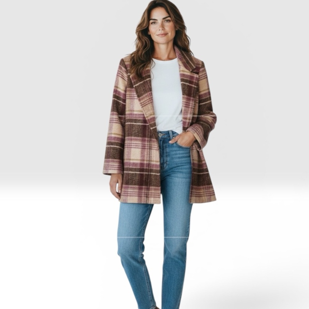 RACHEL ZOE Pink and Tan Plaid Open Front Coat with Pockets Size XS